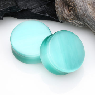 Detail View 1 of A Pair of Mint Cat-Eye Stone Double Flared Ear Gauge Plug